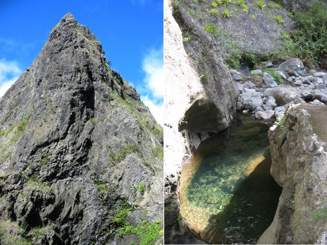 Le pic au-dessus du captage et le bassin en début de sentier vers les Orangers