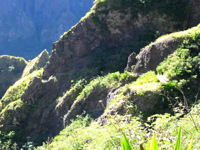 La fin de la canalisation approche. On aperçoit le sentier descendant aux Lataniers