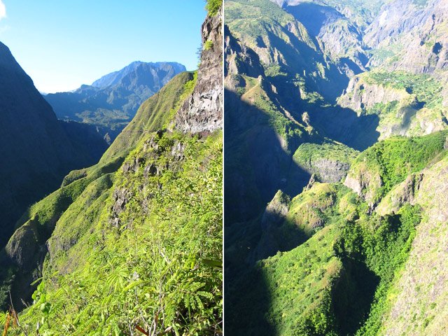 La canalisation au loin et le Gros Morne. La vallée de la Rivière des Galets
