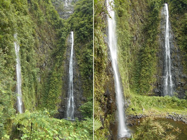 Les deux cascades vues du haut et du milieu de l'escalier qui les rejoint