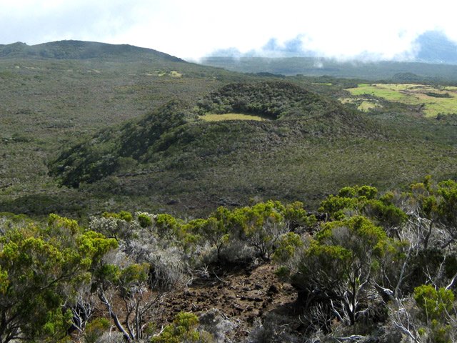 Le Piton Caverne Pomme de Terre et sa petite prairie en fond de cratère