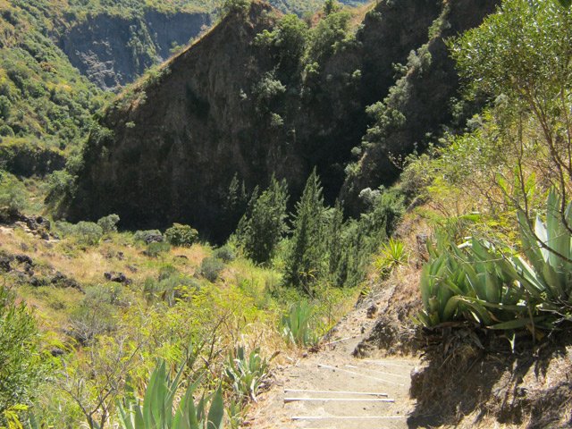 Plongée sur marches sableuses vers la Roche Ancrée