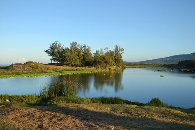 Une vue vers l'océan là où le viaduc de chemin de fer à disparu