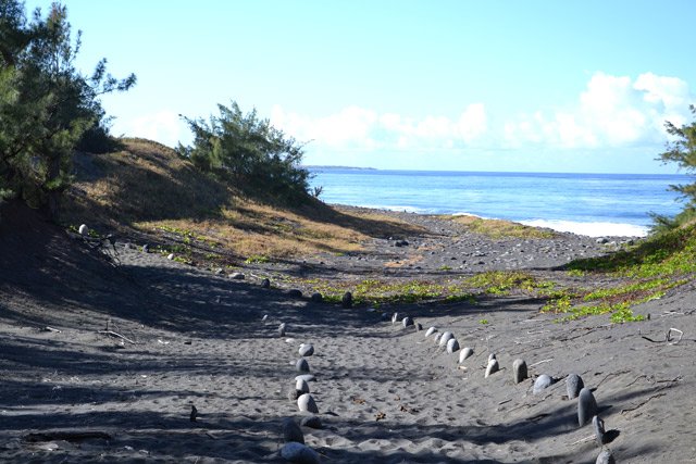 Une plage avec des galets alignés plutôt qu'un sentier