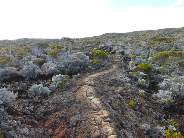 Le sentier qui remonte au Pas de Bellecombe passe ici sur un dôme de petit tunnel de lave